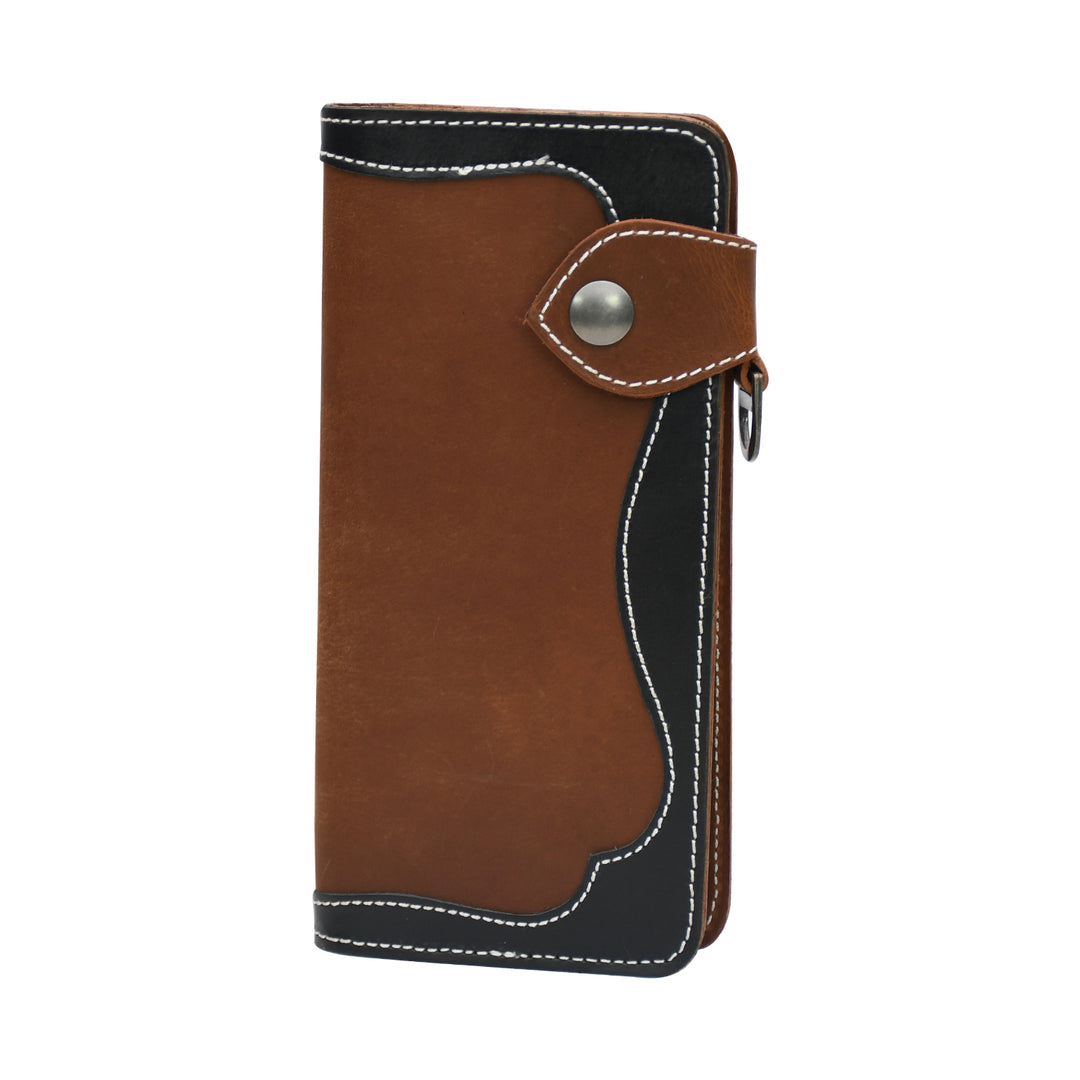 Brown and black leather wallet with a silver button on a white background