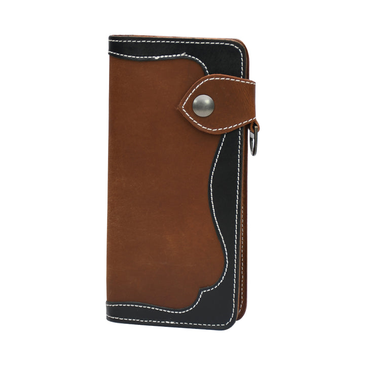 Brown and black leather wallet with a silver button on a white background