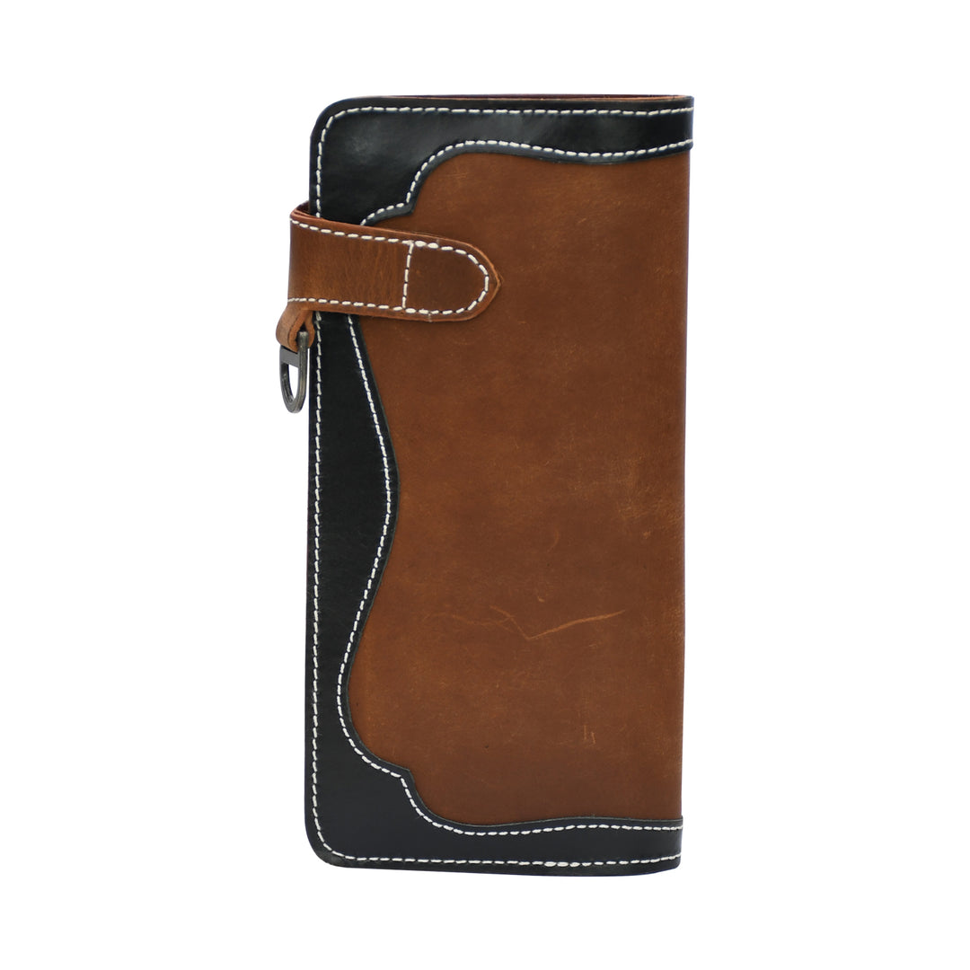 Brown and black leather wallet on a white background