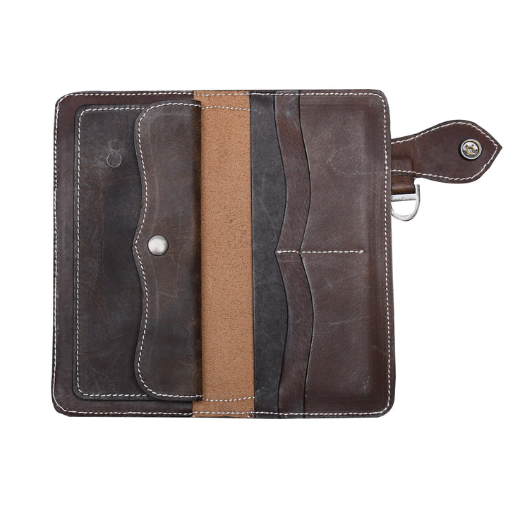 Luxury Handmade Genuine Leather Long Wallet with Snap Closure – Dual Tone Brown