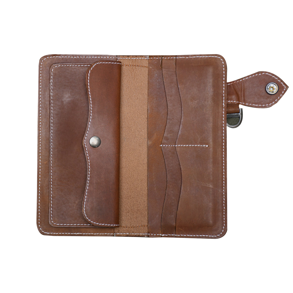 Brown leather wallet with strap on a white background