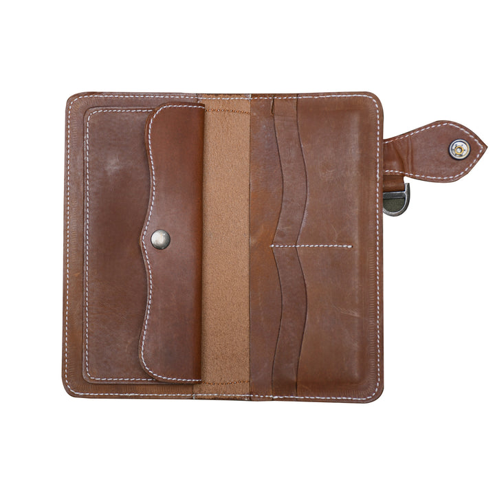 Brown leather wallet with strap on a white background