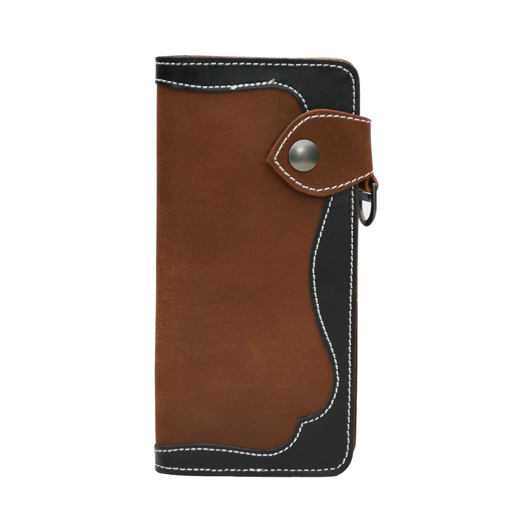 Brown and black leather wallet with a silver button on a white background