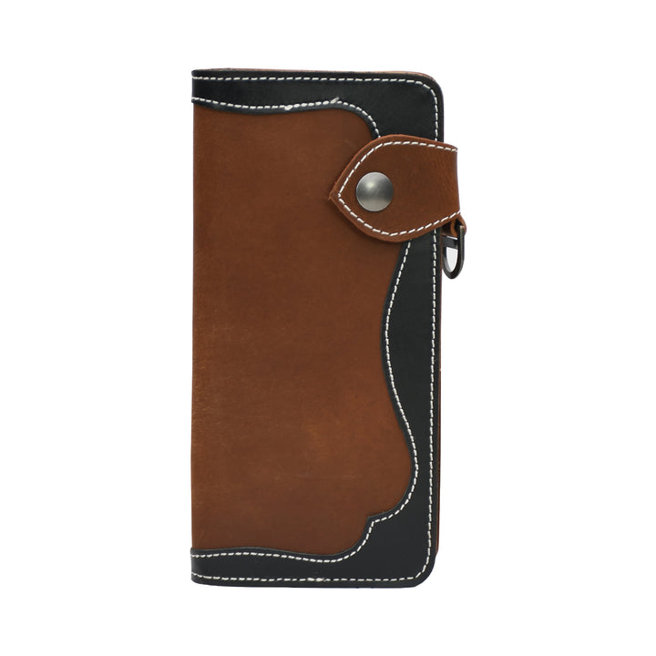 Brown and black leather wallet with a silver button on a white background