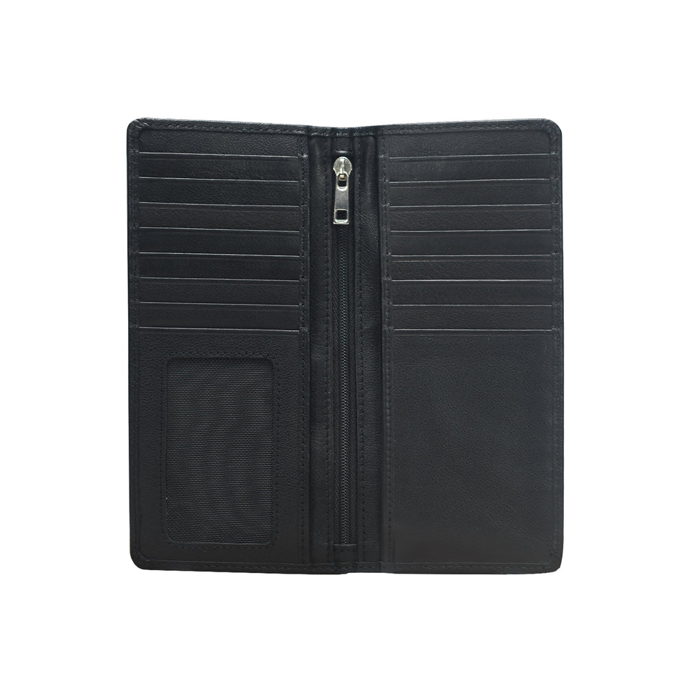Black leather wallet with multiple card slots and a zipper on a white background
