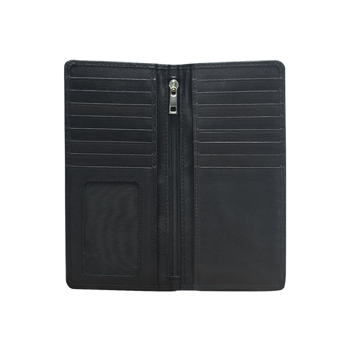 Black leather wallet with multiple card slots and a zipper on a white background