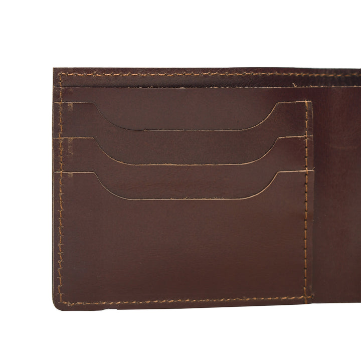 Close-up of a brown leather wallet with stitching details on a white background