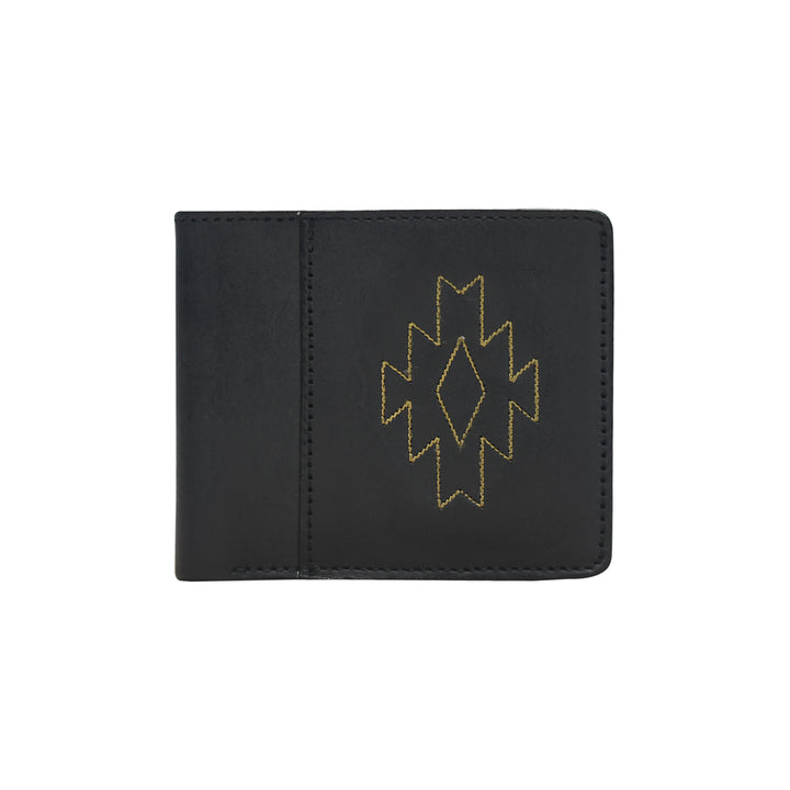 Black wallet with geometric design on a white background