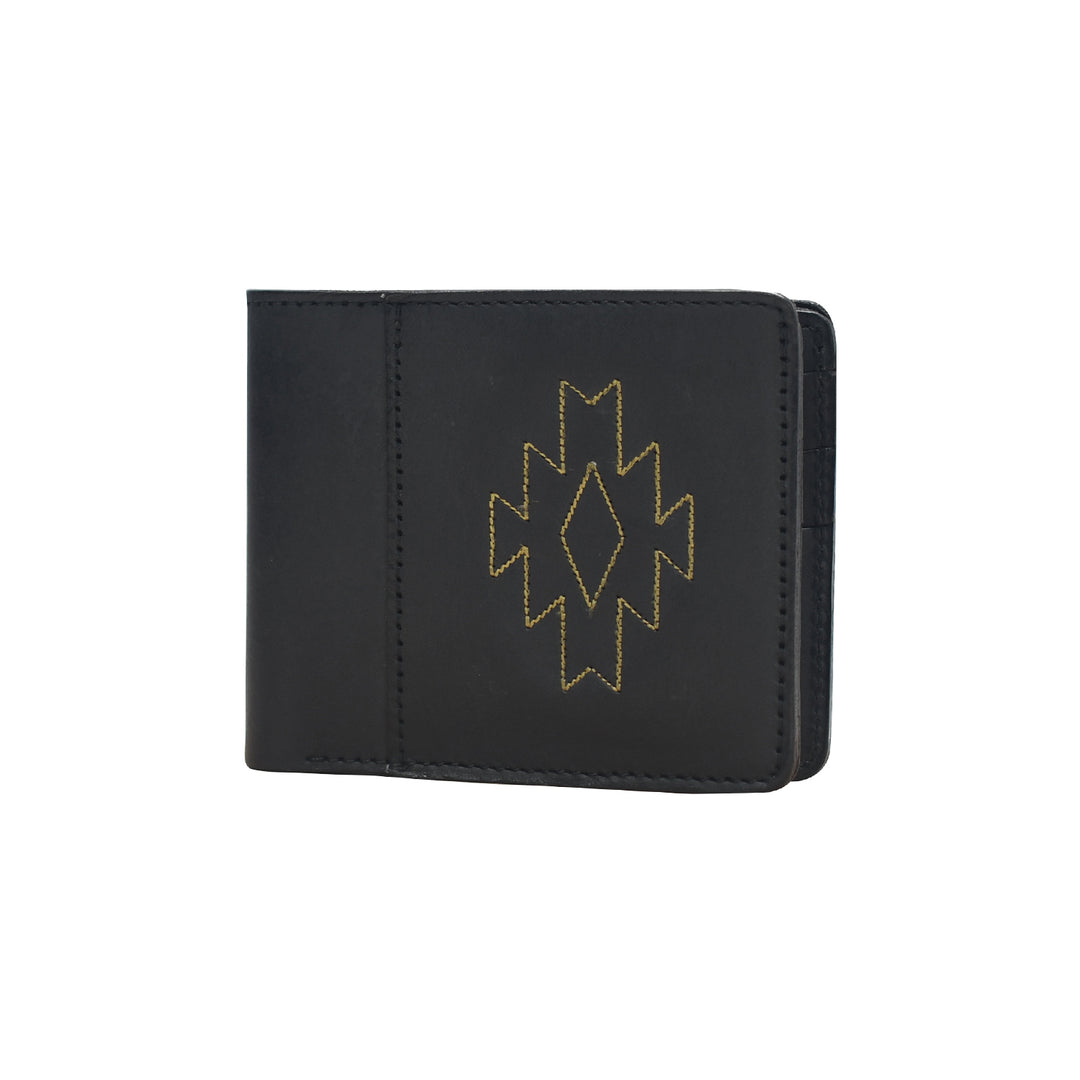 Black wallet with geometric design on a white background