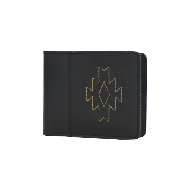 Black wallet with geometric design on a white background