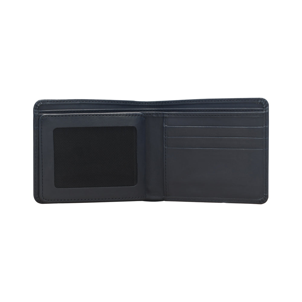 Black leather wallet open on a white background