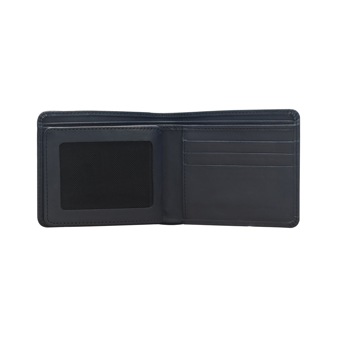 Black leather wallet open on a white background
