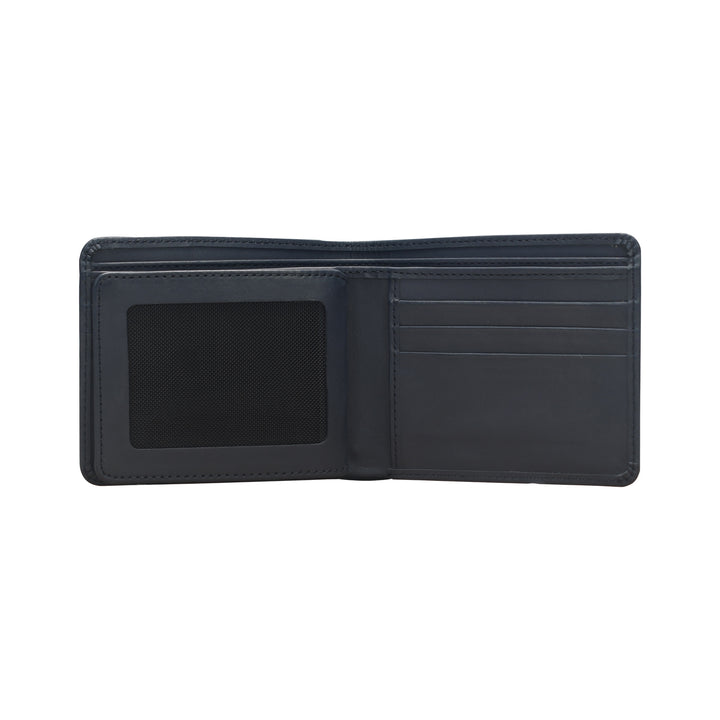 Black leather wallet open on a white background