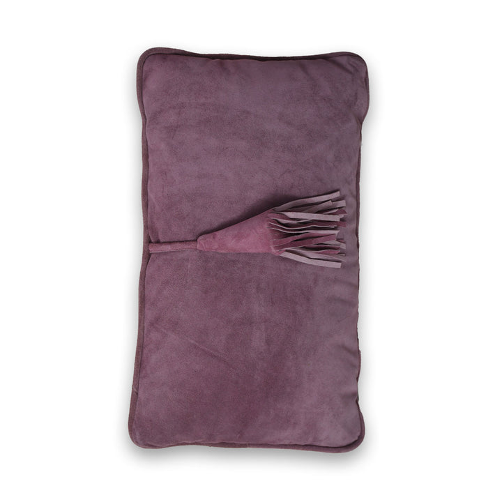 Purple suede blanket with tassels on a white background