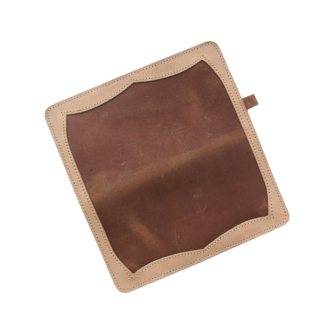 Brown leather pouch with beige border on a white background