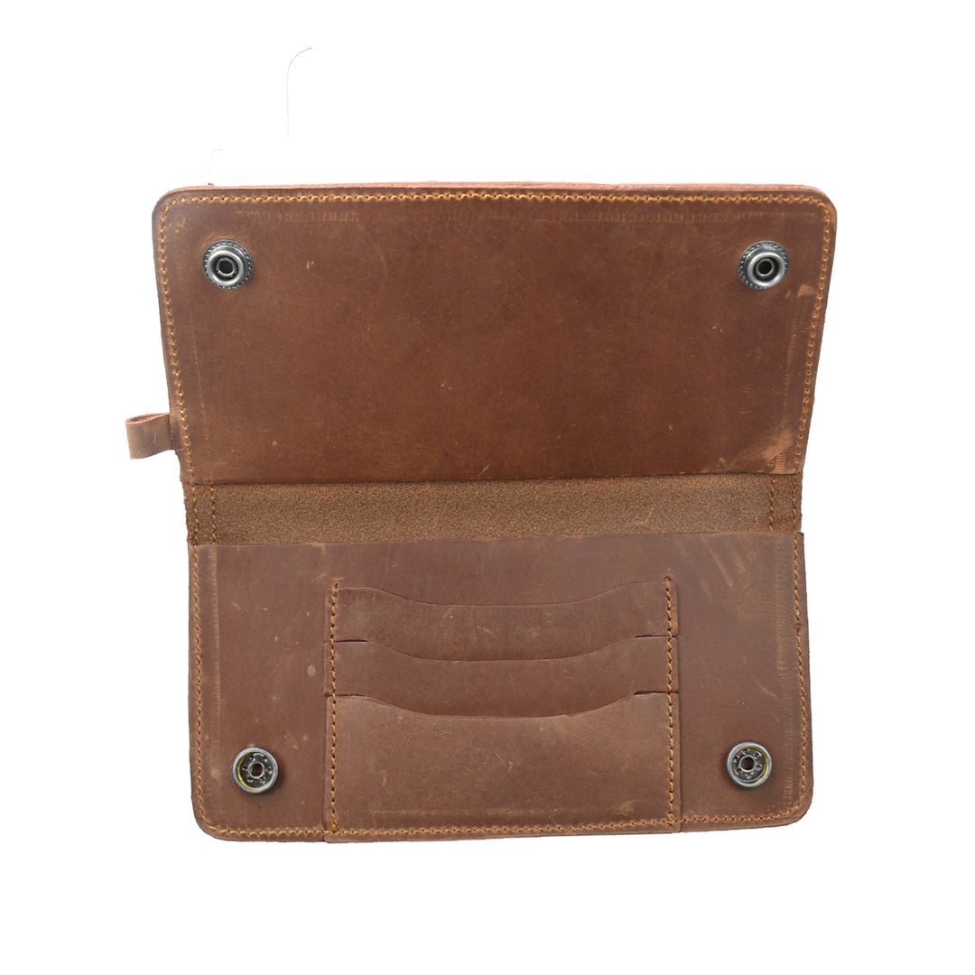 Brown leather wallet with visible stitching on a white background