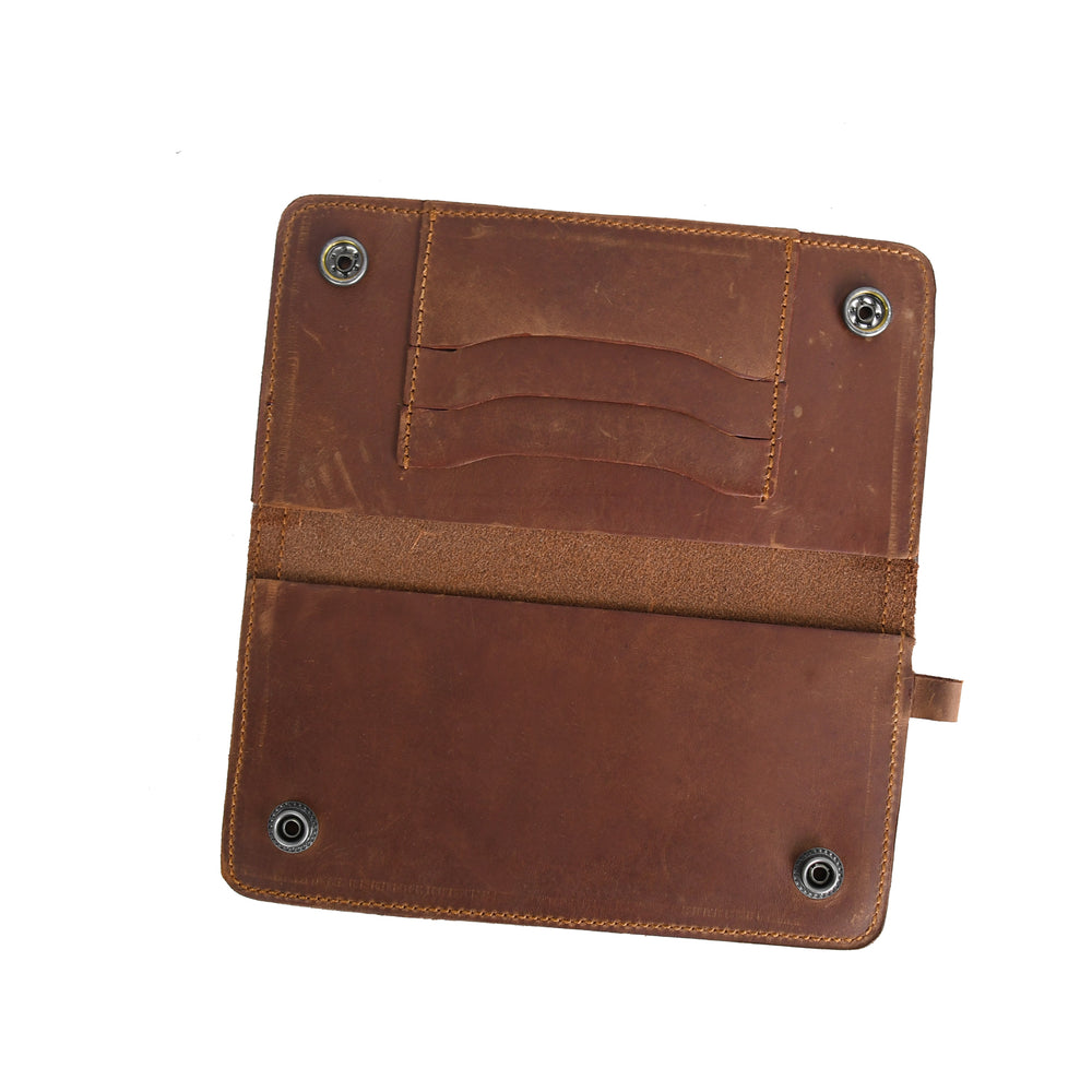 Brown leather wallet with visible stitching on a white background