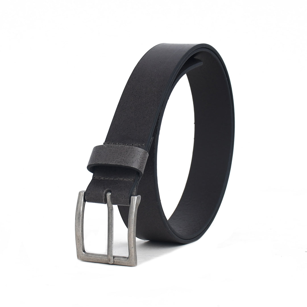 Black leather belt with a silver buckle on a white background