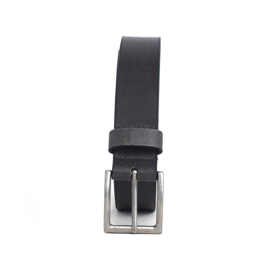 Black leather belt with silver buckle on a white background