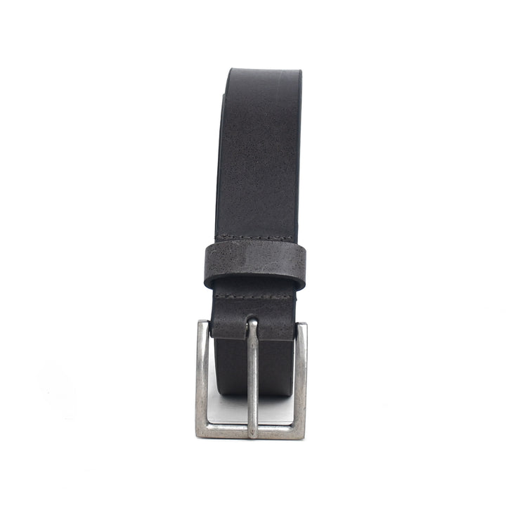 Black leather belt with silver buckle on a white background