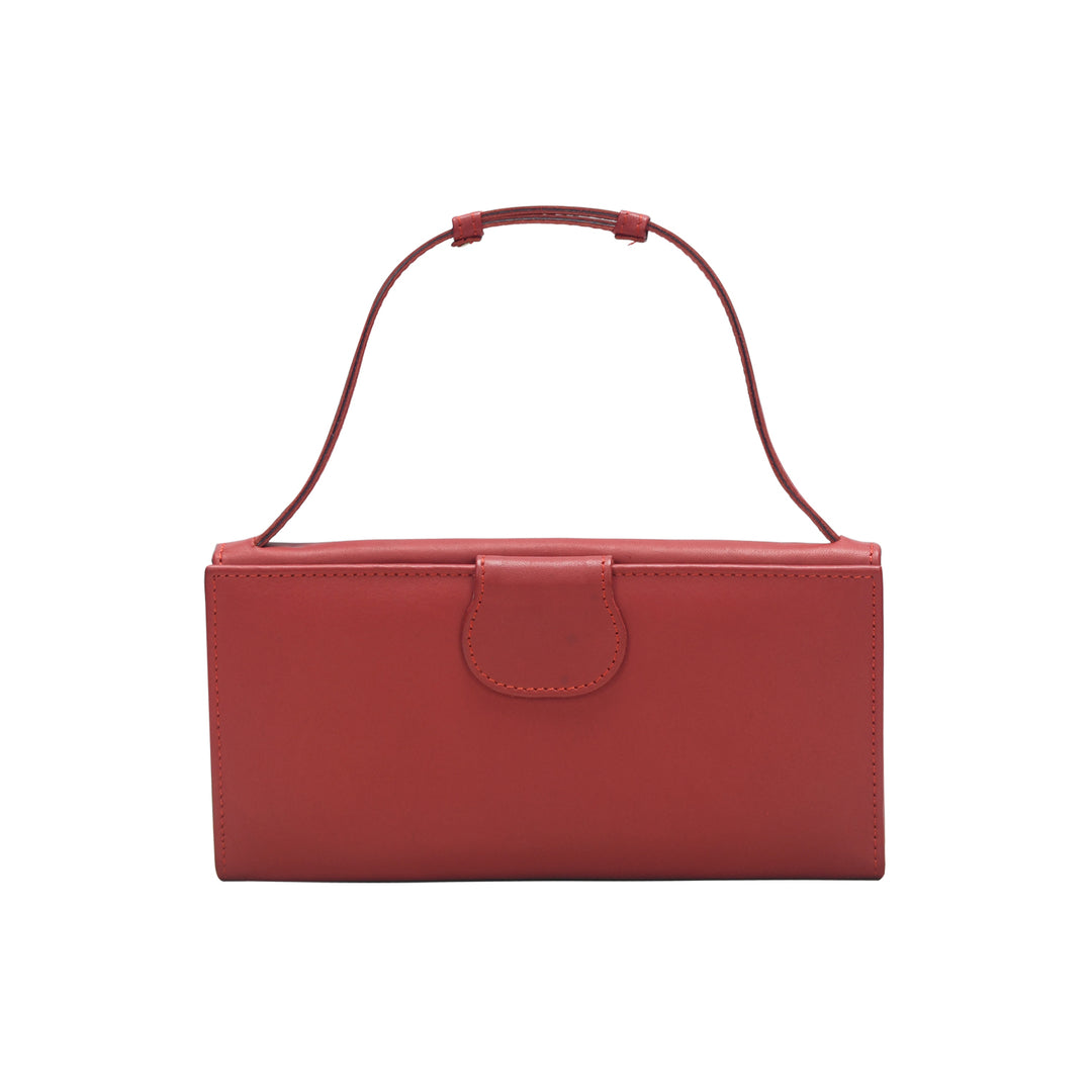 Red handbag with a strap on a white background