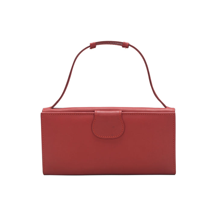 Red handbag with a strap on a white background