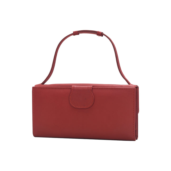 Red handbag with a strap on a white background