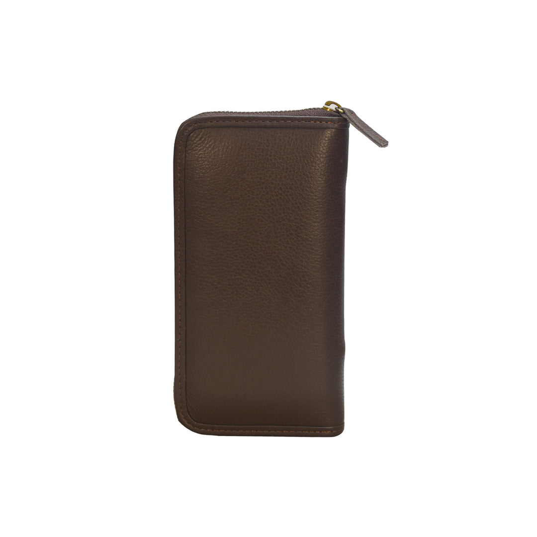 Brown leather wallet with a zipper on a white background