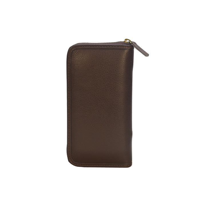 Brown leather wallet with a zipper on a white background