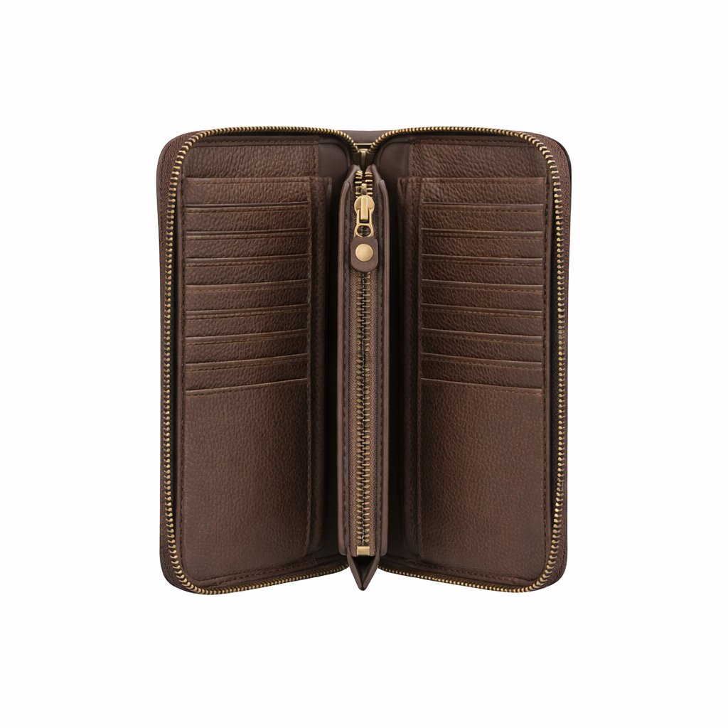Brown leather wallet with a zipper on a white background