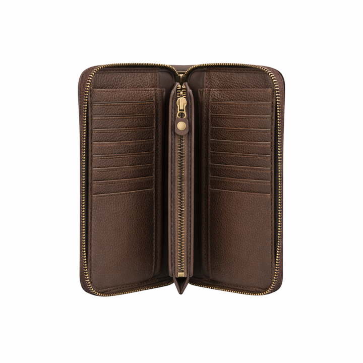 Brown leather wallet with a zipper on a white background