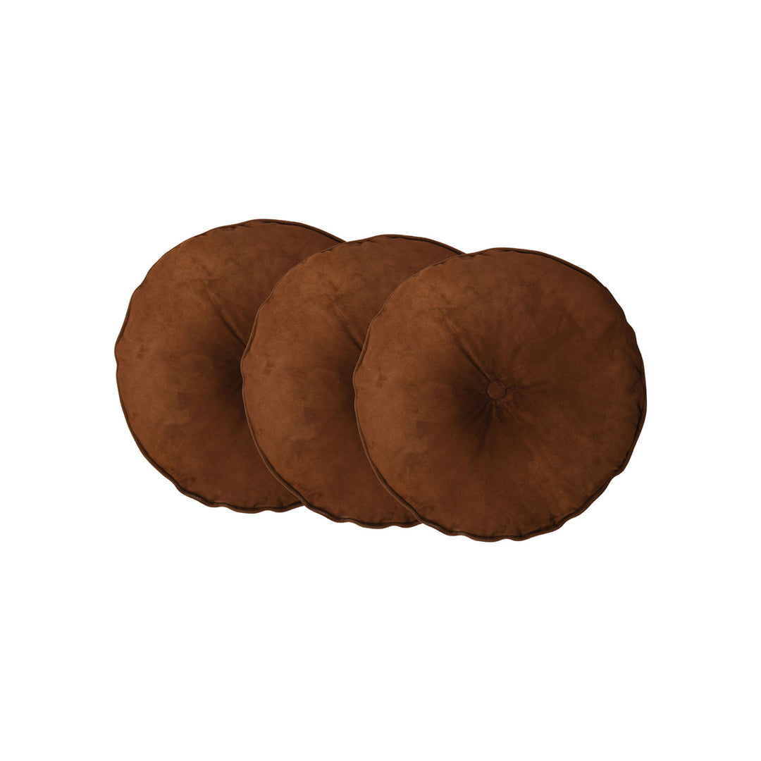 Three brown donut-shaped cushions on a white background