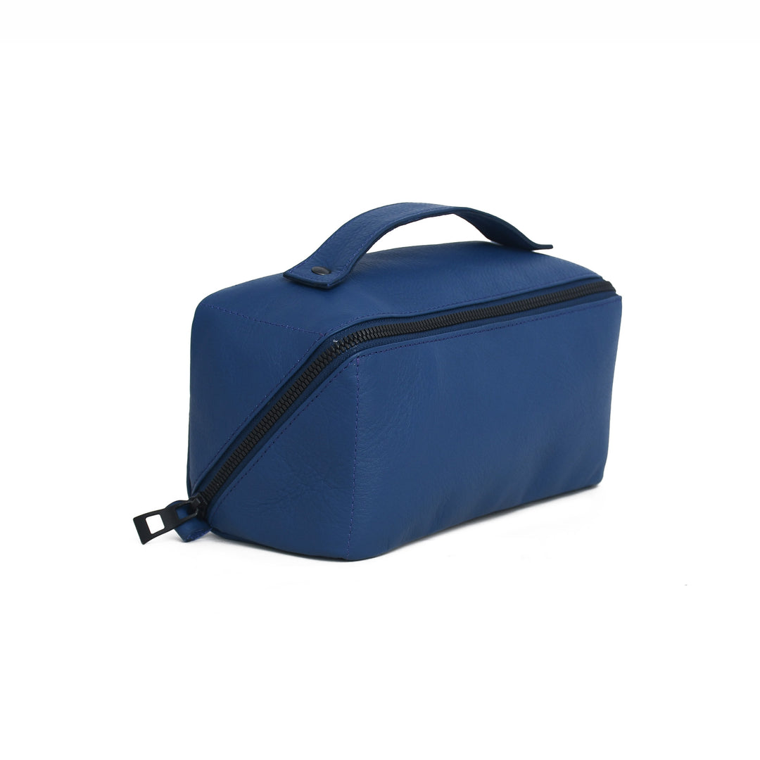 Blue toiletry bag with black zipper on a white background