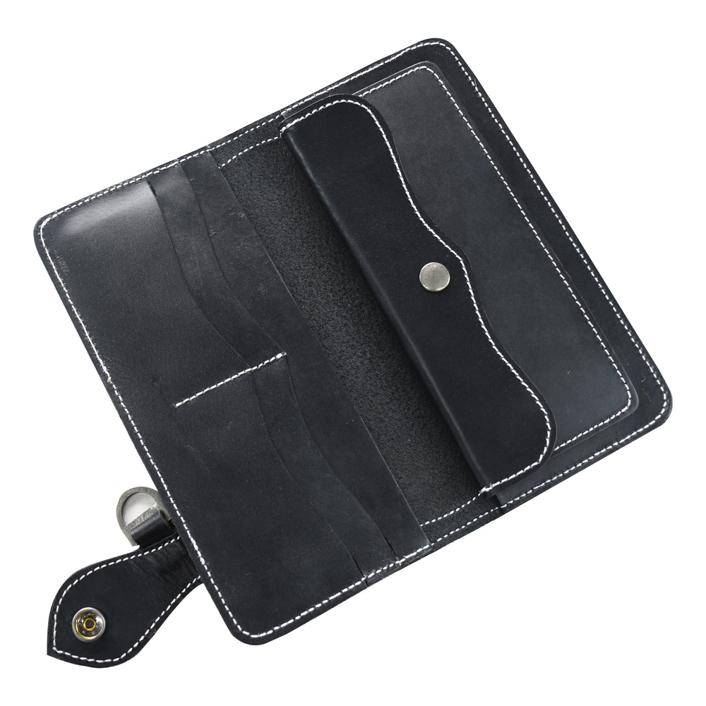 Black leather wallet with silver buttons on a white background