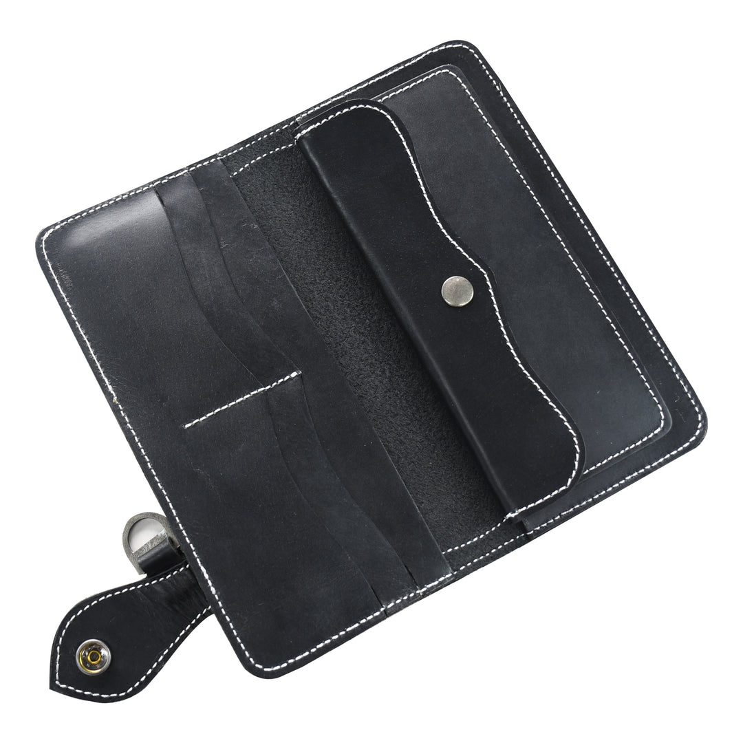 Black leather wallet with silver buttons on a white background