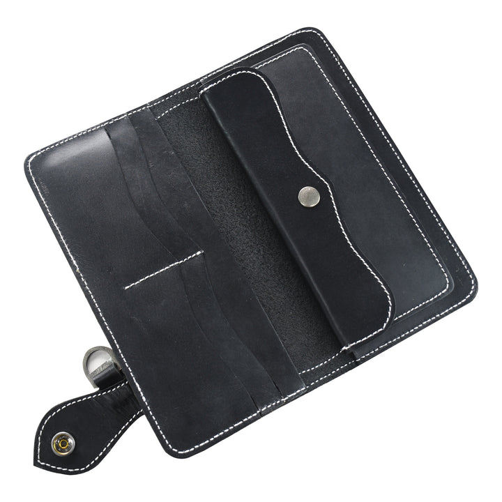 Black leather wallet with silver buttons on a white background