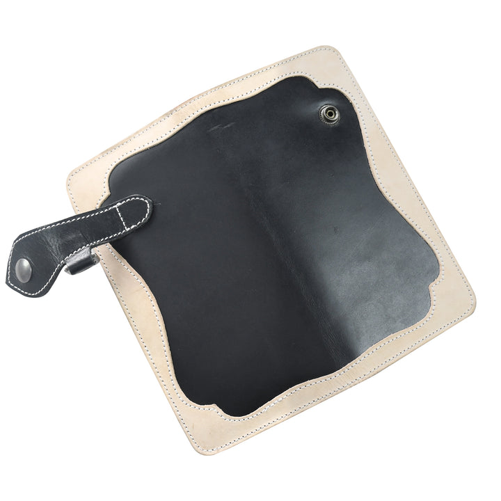 Black leather pouch with beige border on a white background