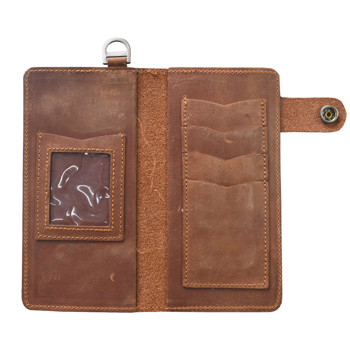 Brown leather wallet with card slots on a white background
