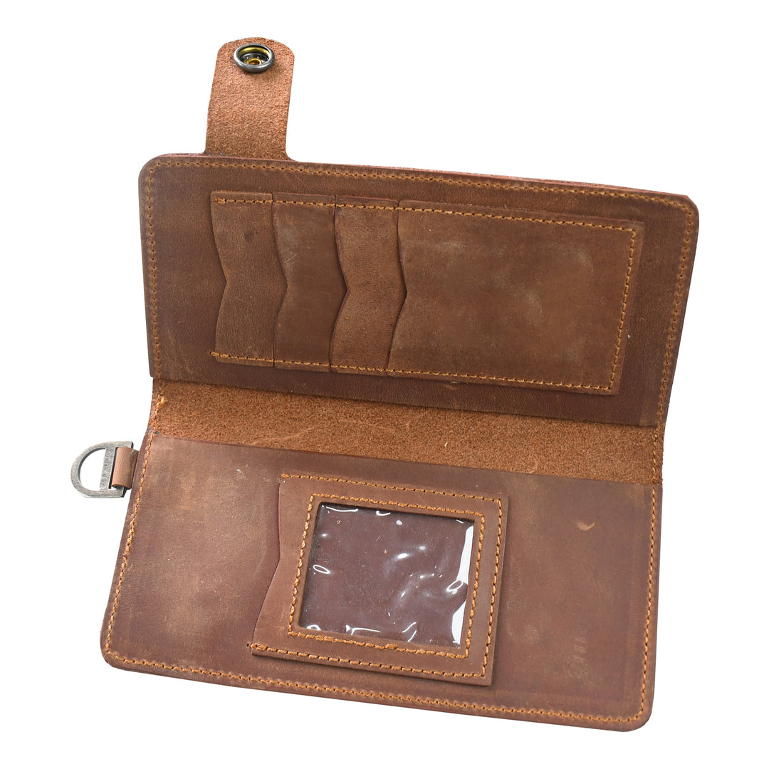 Brown leather wallet with a clear card holder on a white background