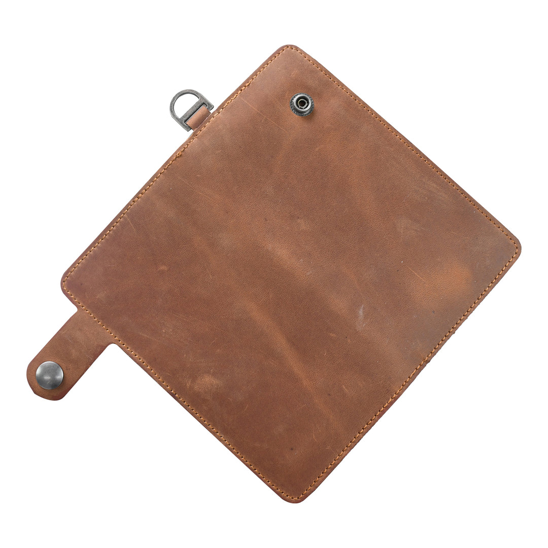 Brown leather pouch with metal clasps on a white background