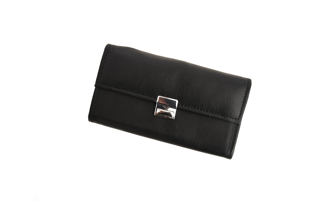 Black wallet with a silver clasp on a white background