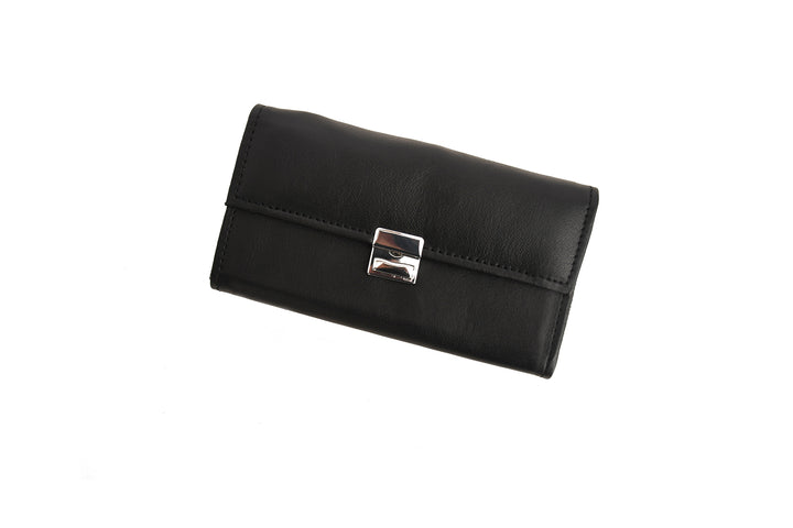 Black wallet with a silver clasp on a white background