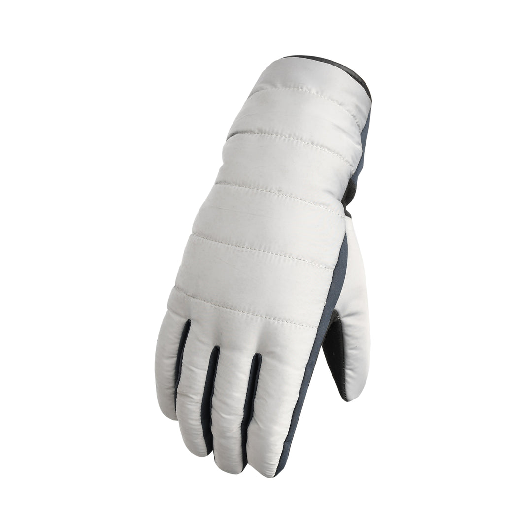 White winter glove with black accents on a white background