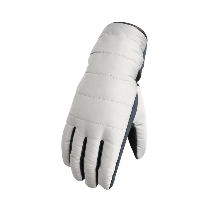 White winter glove with black accents on a white background