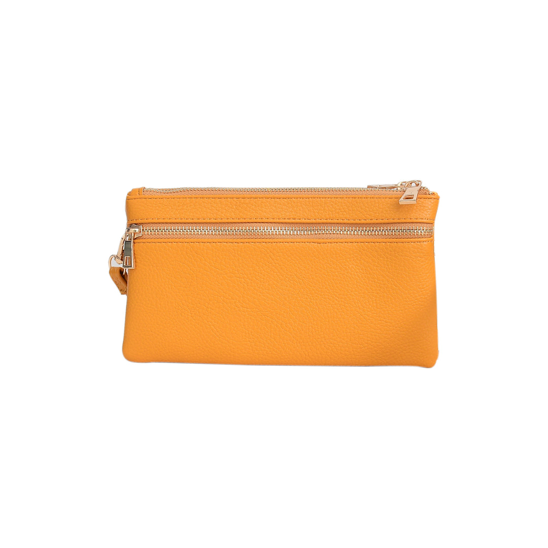 Yellow pouch with a gold zipper on a white background