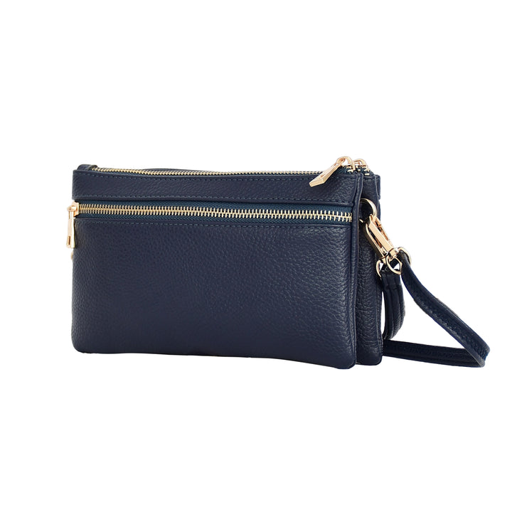 Navy blue handbag with gold zippers on a white background