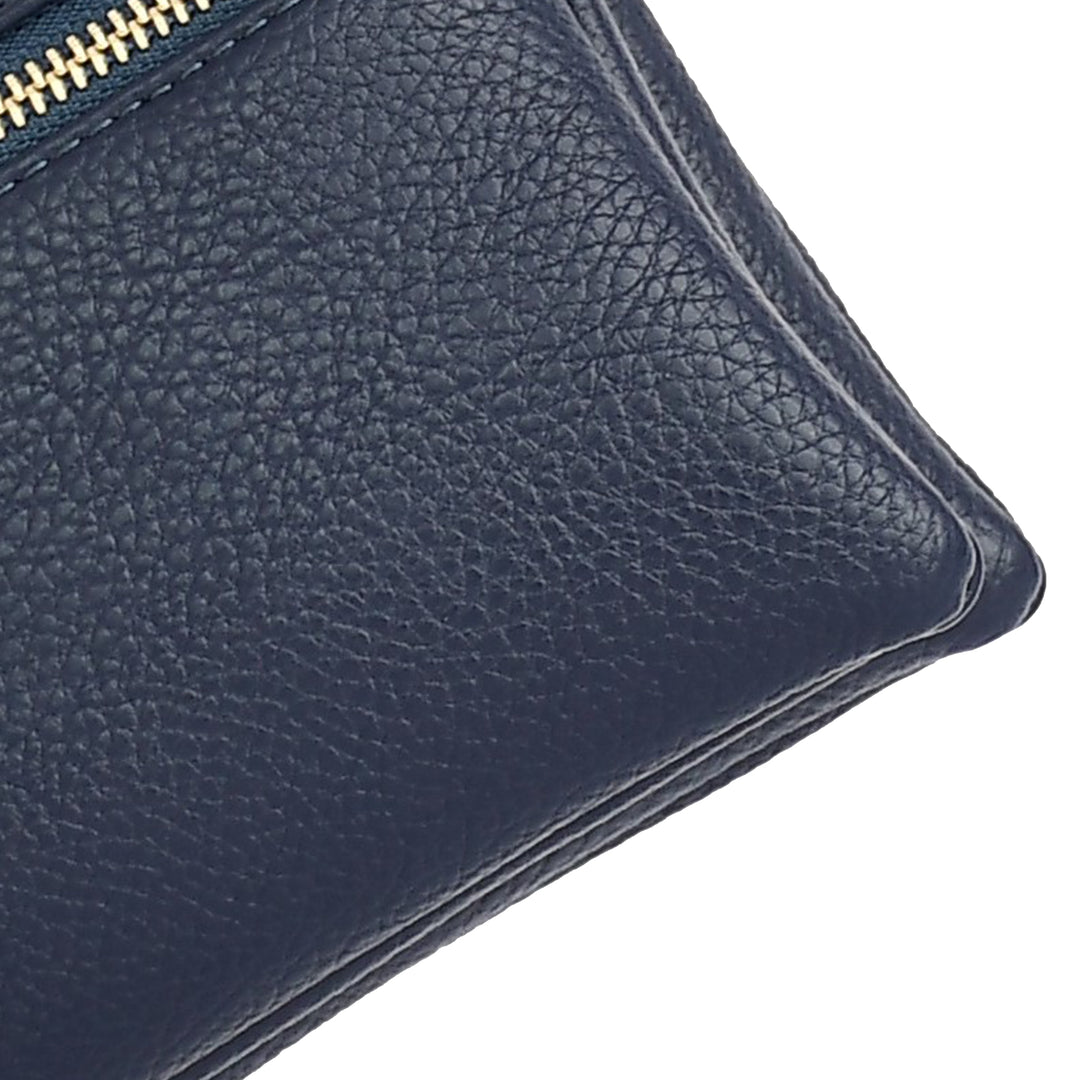 Close-up of a navy blue leather wallet with a gold zipper on a white background