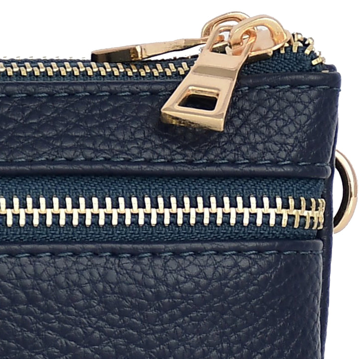 Navy blue leather wallet with gold zipper and clasp on a white background