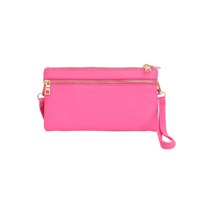 Pink clutch bag with gold zipper on a white background