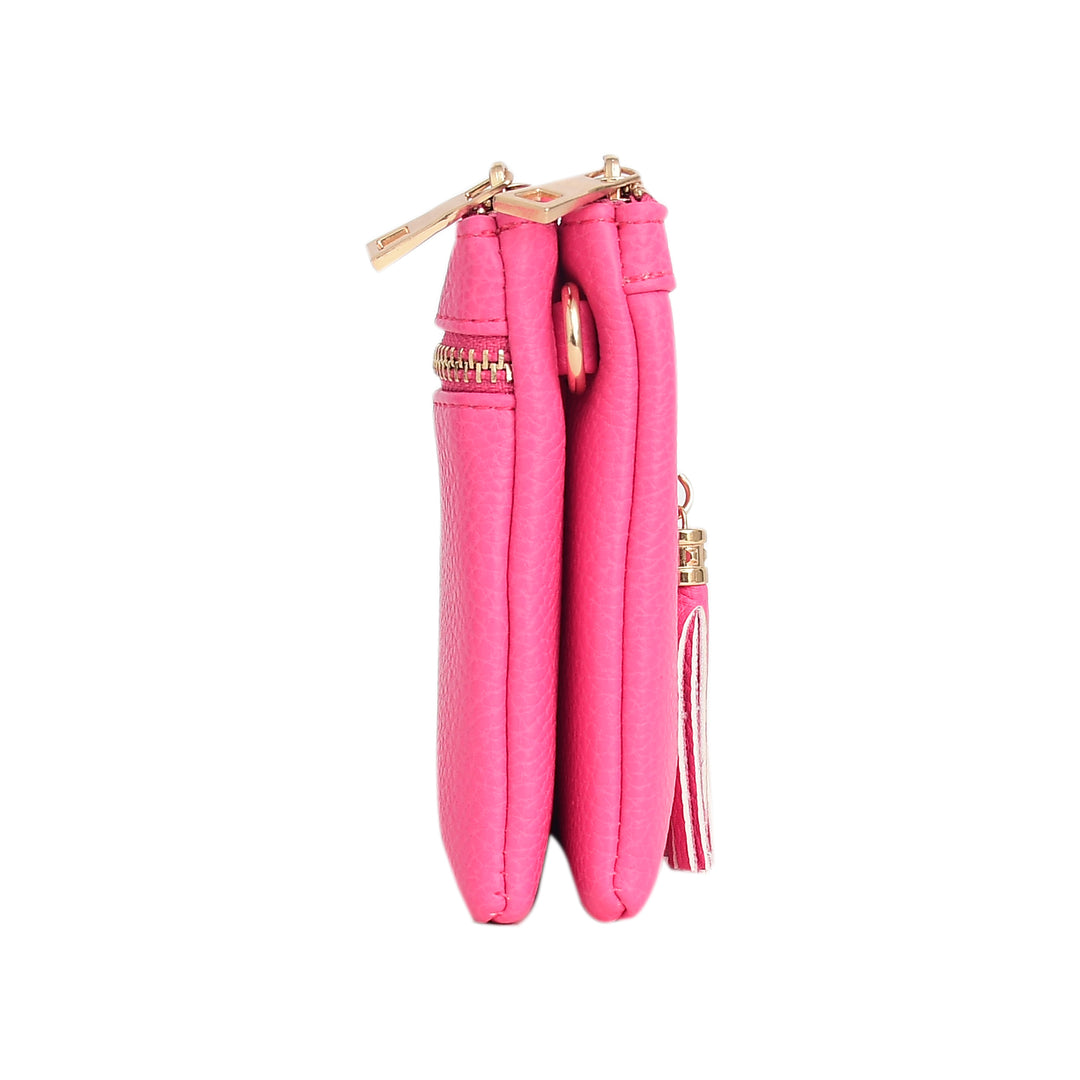 Pink quilted handbag with gold accents on a white background